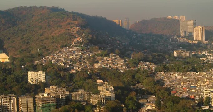 Barve Nagar, Ghatkopar West, Mumbai, Maharashtra, India. Mumbai Metropolitan Region. Aerial View From Airplane Window On View of the Mumbai suburb district. Evening morning sunset sunrise light
