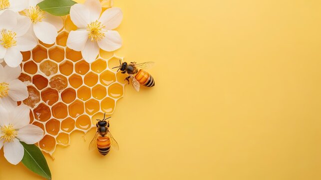 Honey drips down the honeycomb as bees buzz around white flowers set against a vibrant yellow background, showcasing nature’s bountiful food source