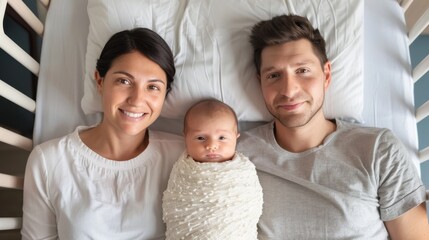 Obraz premium Tender Moments: Newborn Baby in Hospital Bed with Smiling Parents