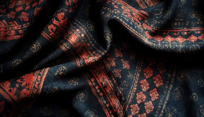 Background Showcasing Indian Ajrakh Fabric with Intricate Indigo and Red Patterns