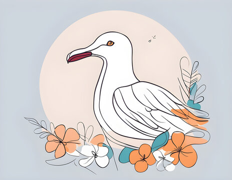 recommend clip art: colorful Abstract Seagull with flowers by one line vector drawing. Portrait minimalistic style background