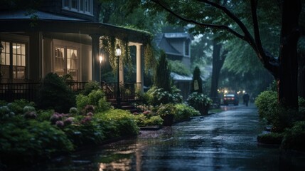 A house with a porch lit up at night with rain falling and a person walking down a sidewalk.