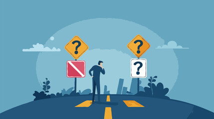 flat design BigBusiness decision making, career path, choose the right way to success concept, confusing businessman looking at multiple road sign with question 
