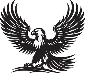 A powerful eagle silhouette in flight, wings spread wide with sharp, defined lines, symbolizing freedom and strength.