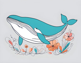 colorful Abstract whale with flowers by one line vector drawing. Portrait minimalistic style background