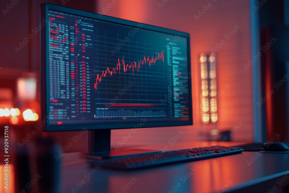 Poster a computer monitor illuminates a detailed cryptocurrency chart with fluctuating lines and bars in a 