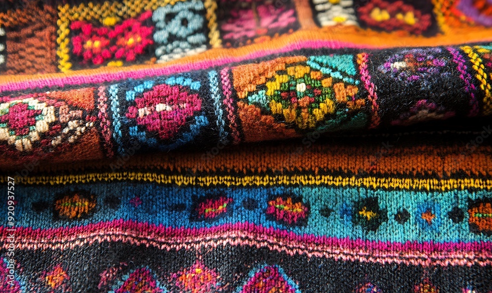 Poster detailed shot of andean textile from peru with vibrant colors and complex patterns