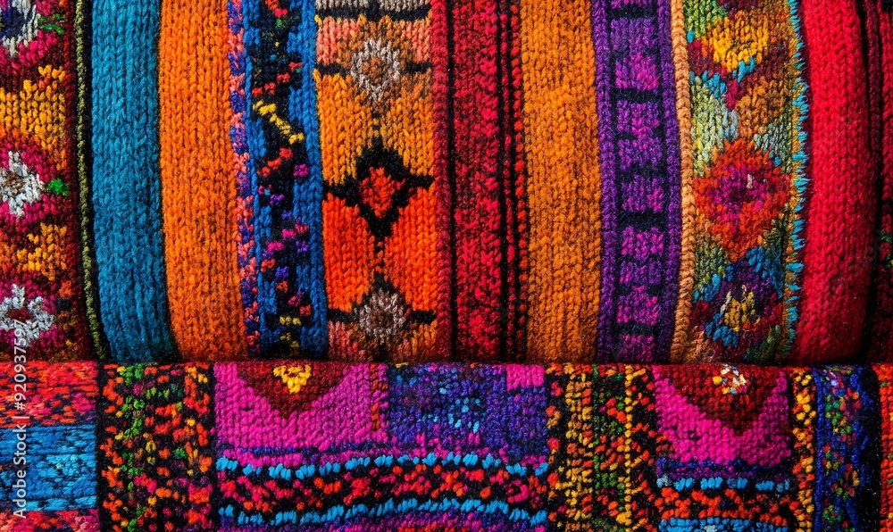 Poster detailed shot of andean textile from peru with vibrant colors and complex patterns