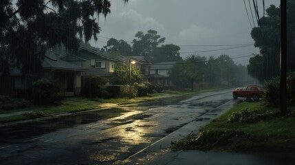 A lone car drives down a wet, dimly lit street in the rain.