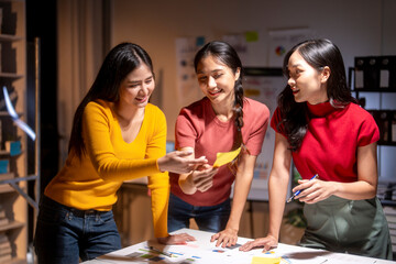 Three asian businesswomen are working late in the office, using sticky notes to plan a project