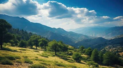 Fototapeta premium A lush green mountain meadow with rolling hills under a blue sky with white clouds.