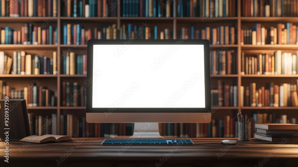 Poster desktop computer with an empty screen, positioned on a work desk with library bookshelves in the bac