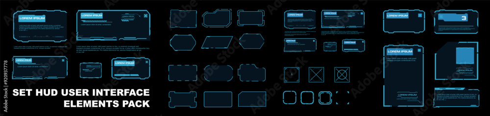 Poster Vector set of neon borders and frames for HUD user interface. Frames, windows and blocks with data. Modern text windows and HUD interface elements. Vector elements and frames template