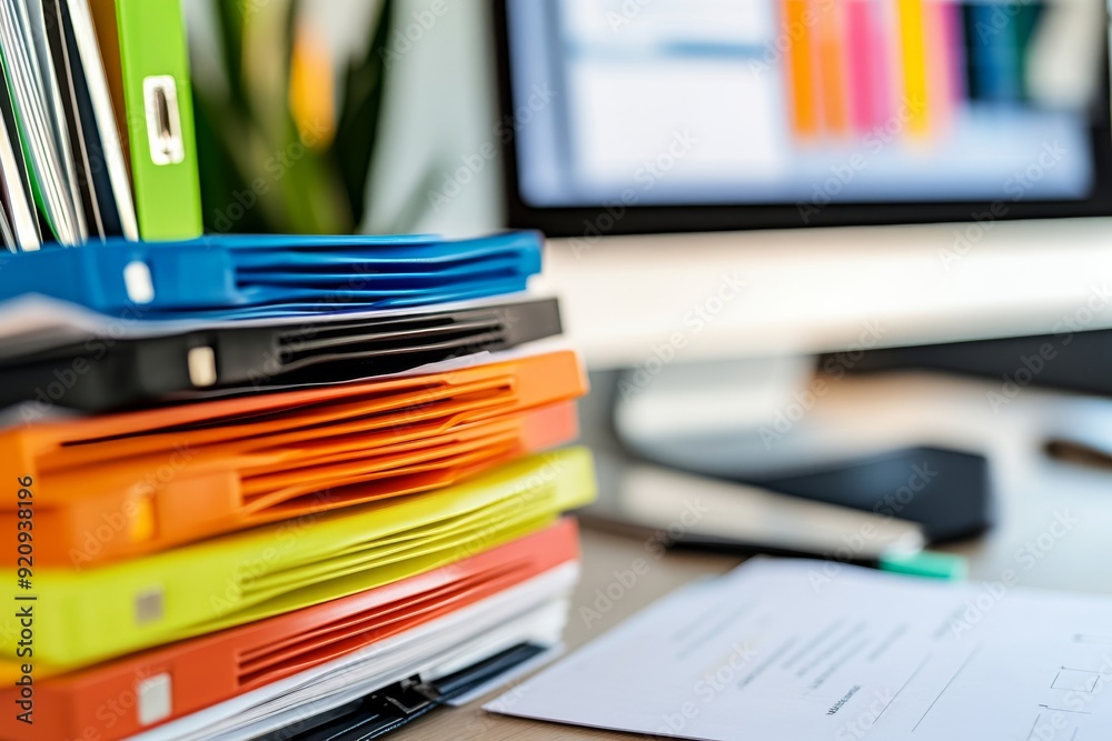 Poster a closeup view of a tidy arrangement of various colored folders and documents on an office desk, wit