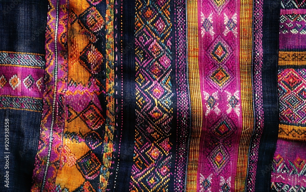 Poster close-up of woven textile from southeast asia with intricate patterns and vivid colors