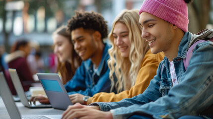 Fototapeta na wymiar Happy college friends surfing the laptop at campus.