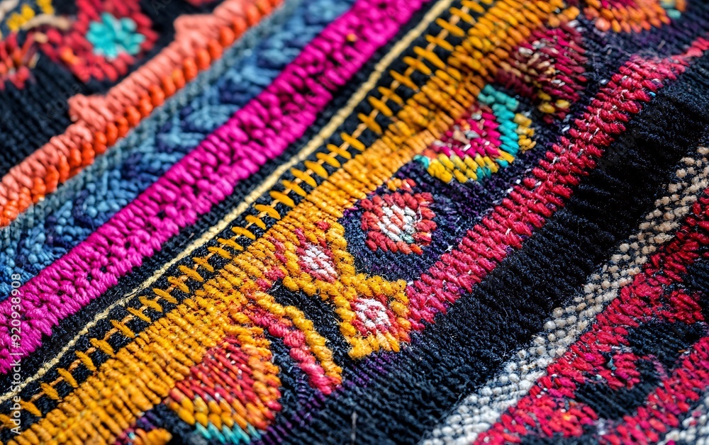 Poster close-up of woven textile from southeast asia with intricate patterns and vivid colors