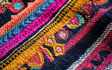 Obraz premium Close-Up of Woven Textile from Southeast Asia with Intricate Patterns and Vivid Colors