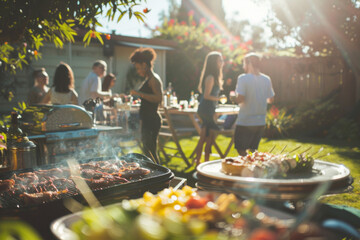 Summer backyard barbecue party with friends gathered and food on barbecue grill