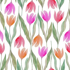 Seamless pattern with watercolor hand drawn tulips. Floral seamless pattern, colorful tulips and leaves.