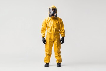 A man wearing a yellow hazmat suit and protective gear stands alone, highlighting the importance of safety in hazardous environments