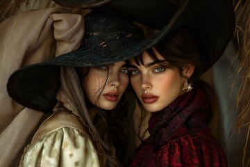 Elegant Portrait Of Two Women In Vintage Fashion With Dramatic Hats