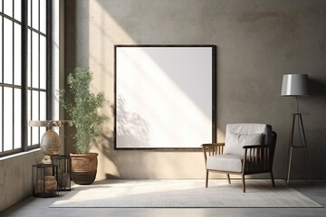 Minimalist home interior with wooden chair, desk, and blank framed poster mockup