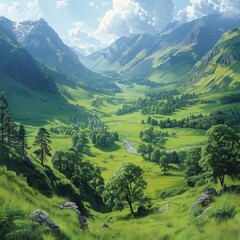 Obraz premium Tranquil Highland Serenity: Lush Pastures, Rolling Hills, Majestic Mountains & Serene Landscapes