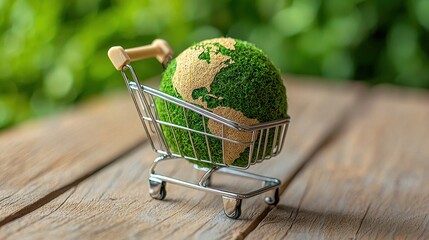 A green planet in a shopping cart symbolizes sustainable consumption and eco-friendly choices for a healthier future.