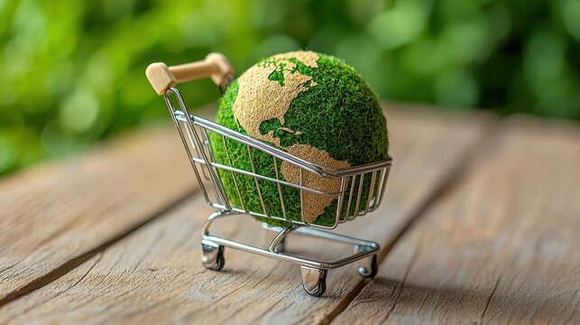 A green planet in a shopping cart symbolizes sustainable consumption and eco-friendly choices for a healthier future.