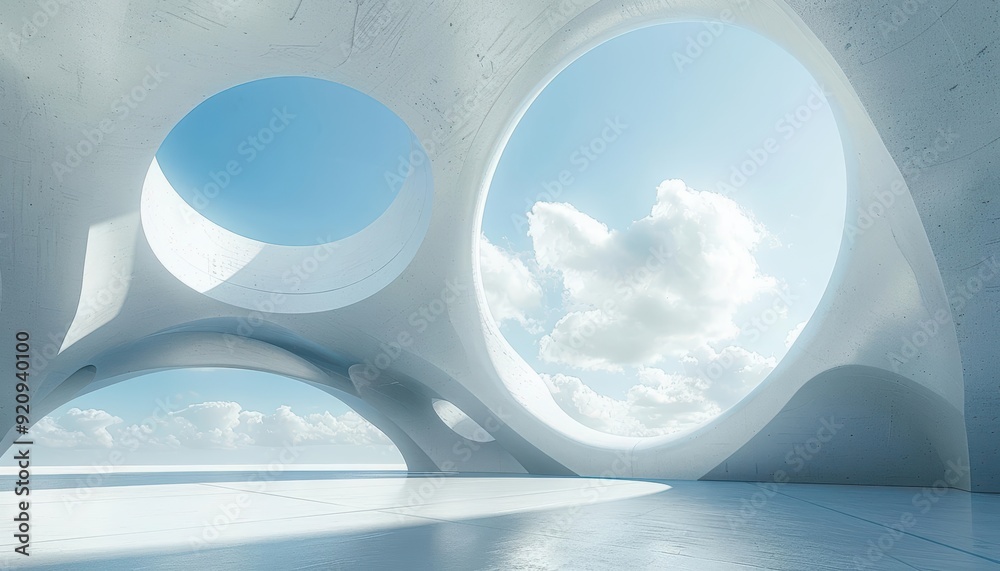 Aufkleber a modern interior showcasing large circular windows, bright sky, and smooth architectural lines, cre