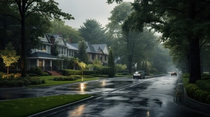 Obraz premium A quiet residential street after a rain shower. Two cars drive through the misty air as the street glistens with water droplets.