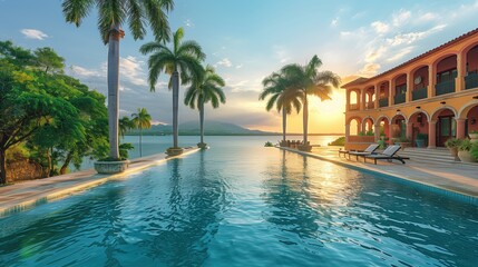 Fototapeta premium Palm tree on tropical beach. Vacation. Luxury travel. Tropical resort hotel. Fantastic vacation and peaceful atmosphere. Travel advertisement. Villa, bungalow. Ocean. Pool. Summer vacation