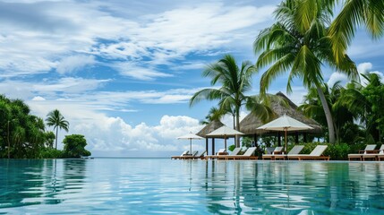 Fototapeta premium Palm tree on tropical beach. Vacation. Luxury travel. Tropical resort hotel. Fantastic vacation and peaceful atmosphere. Travel advertisement. Villa, bungalow. Ocean. Pool. Summer vacation