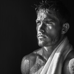 Muscular Man with Towel: Intense Fitness Motivation Against Black Background