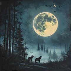 Naklejka premium Wolves Howling in the Distance Under a Full Moon in the Forest