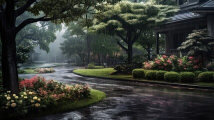 A rainy day in the suburbs with lush green trees and flowers.