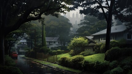 A rainy day in the suburbs, with a red car driving past houses with green lawns.