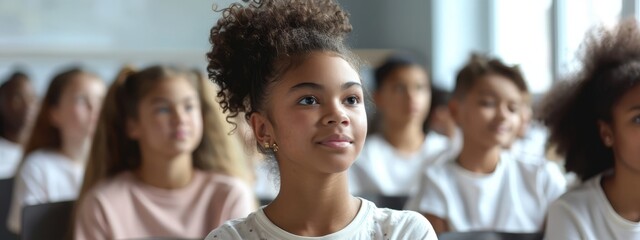 Obraz premium A group of young girls sits together, in front of a sea of other young women, all wearing white shirts