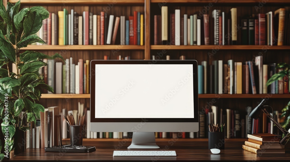 Poster mockup of a computer with a blank screen on a desk, with a cozy library bookshelf backdrop, suitable