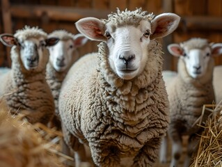 Fototapeta premium Sheep standing in a rustic barn surrounded by straw during the day