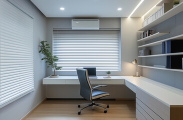 a room with a desk and a monitor that says quot the company quot