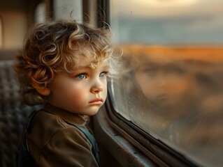 Young child gazing out a train window at a sunset landscape