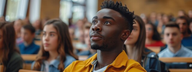  A group of people in a lecture hall, some gazing at the speaker, others looking up at the ceiling One man is fixated on the latter