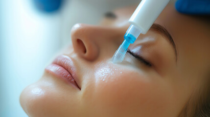 Naklejka premium Close-up of woman receiving eye treatment with a syringe. ..