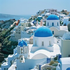 Picturesque Santorini with Whitewashed Buildings and Blue Domes, Greece