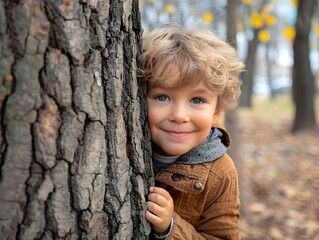 Young boy with curly hair playfully peeking from behind a tree in a forest during autumn
