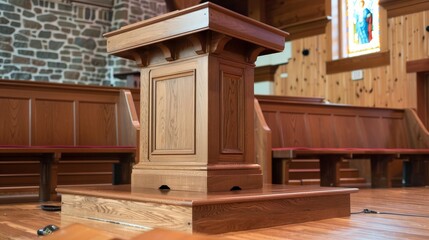A beautifully stained wooden podium, blending traditional aesthetics with modern functionality, perfect for churches and public speaking events.