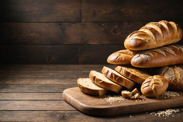 Assortment of baked bread on wooden table background