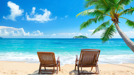 Fototapeta premium Idyllic Tropical Beach with Palm Trees and Chairs